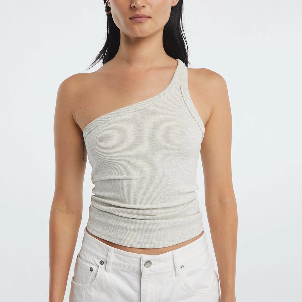 Line by K One Shoulder Tank Top. Size XS, Light Heather Gray.